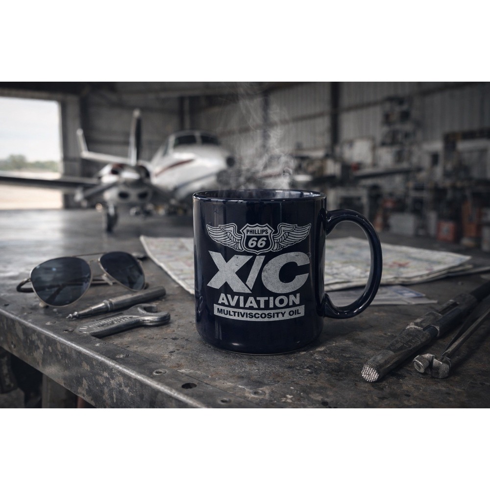 Phillips 66 X/C Aviation Oil Mug 2-Sided Logo Navy Blue Coffee Cup Advertising
